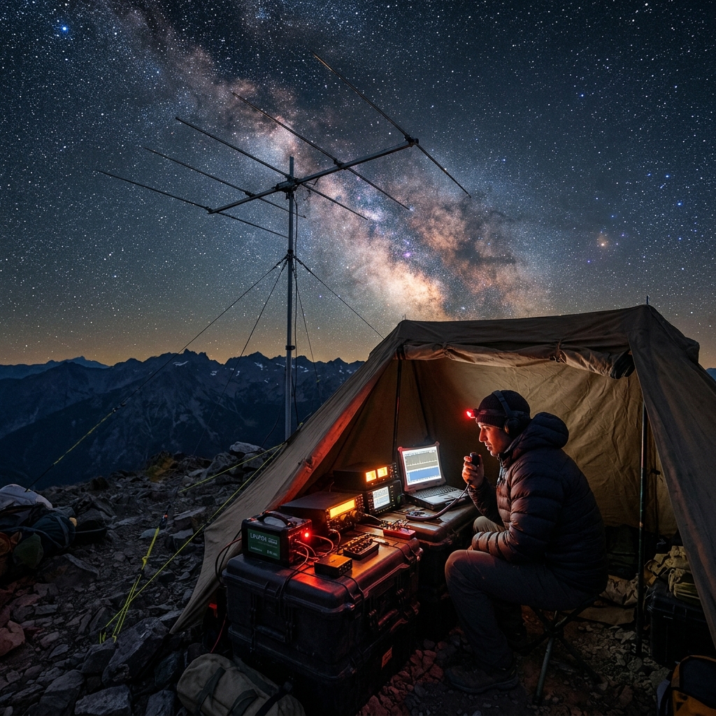 Off-grid amateur radio field station on a mountain peak at night