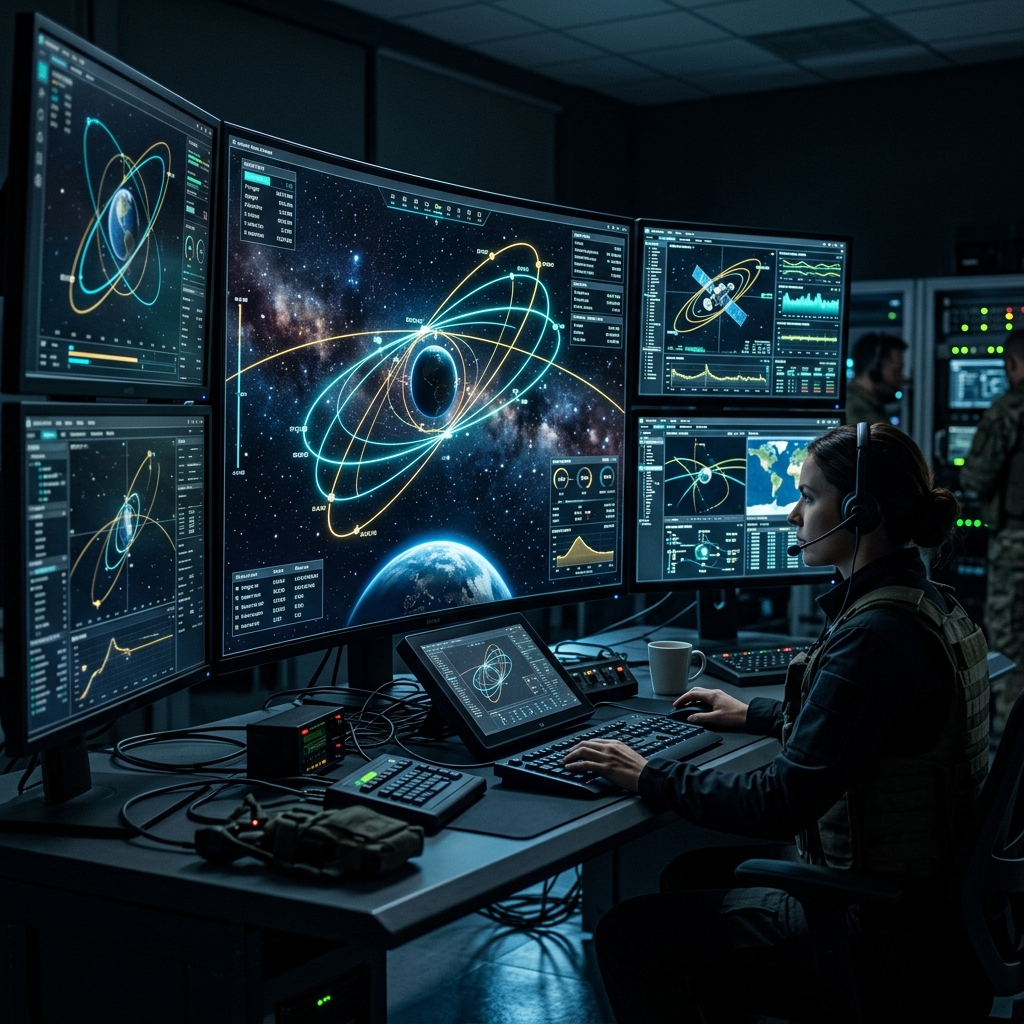 Multi-monitor tactical ground station displaying satellite orbital trajectories