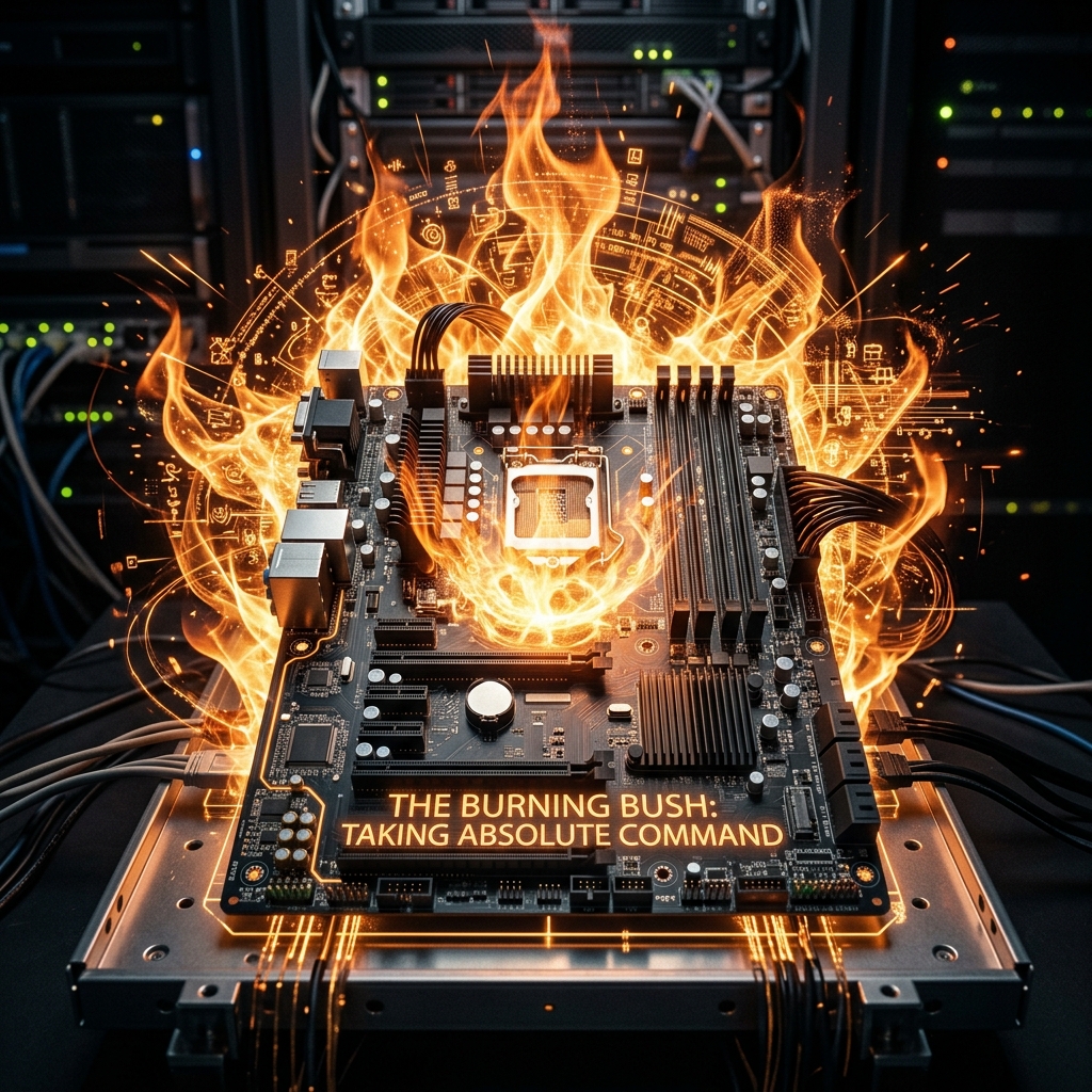 A motherboard engulfed in a digital, holographic bush of fire that doesn't consume the silicon, radiating immense power.