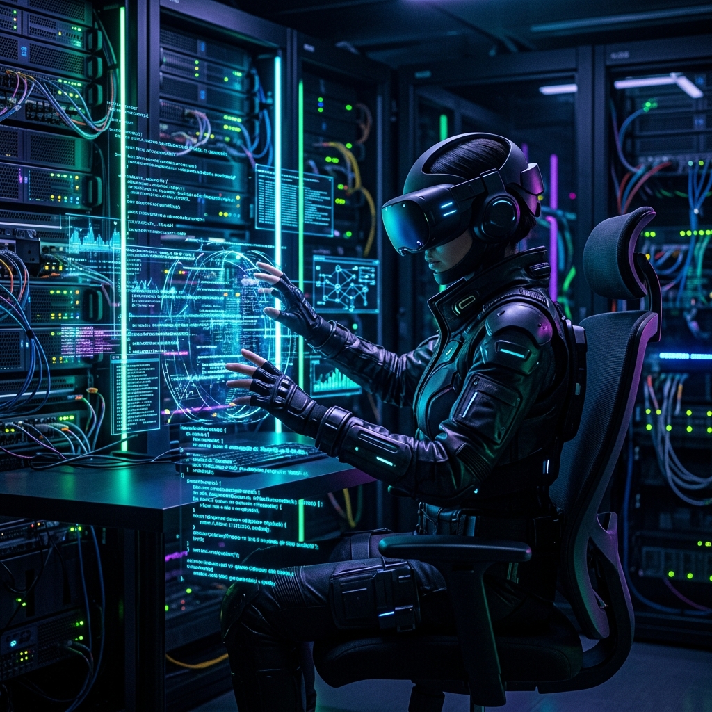 A cyber-deck operator utilizing the Aegis Visor for absolute spatial VR isolation, working blind to the physical world.