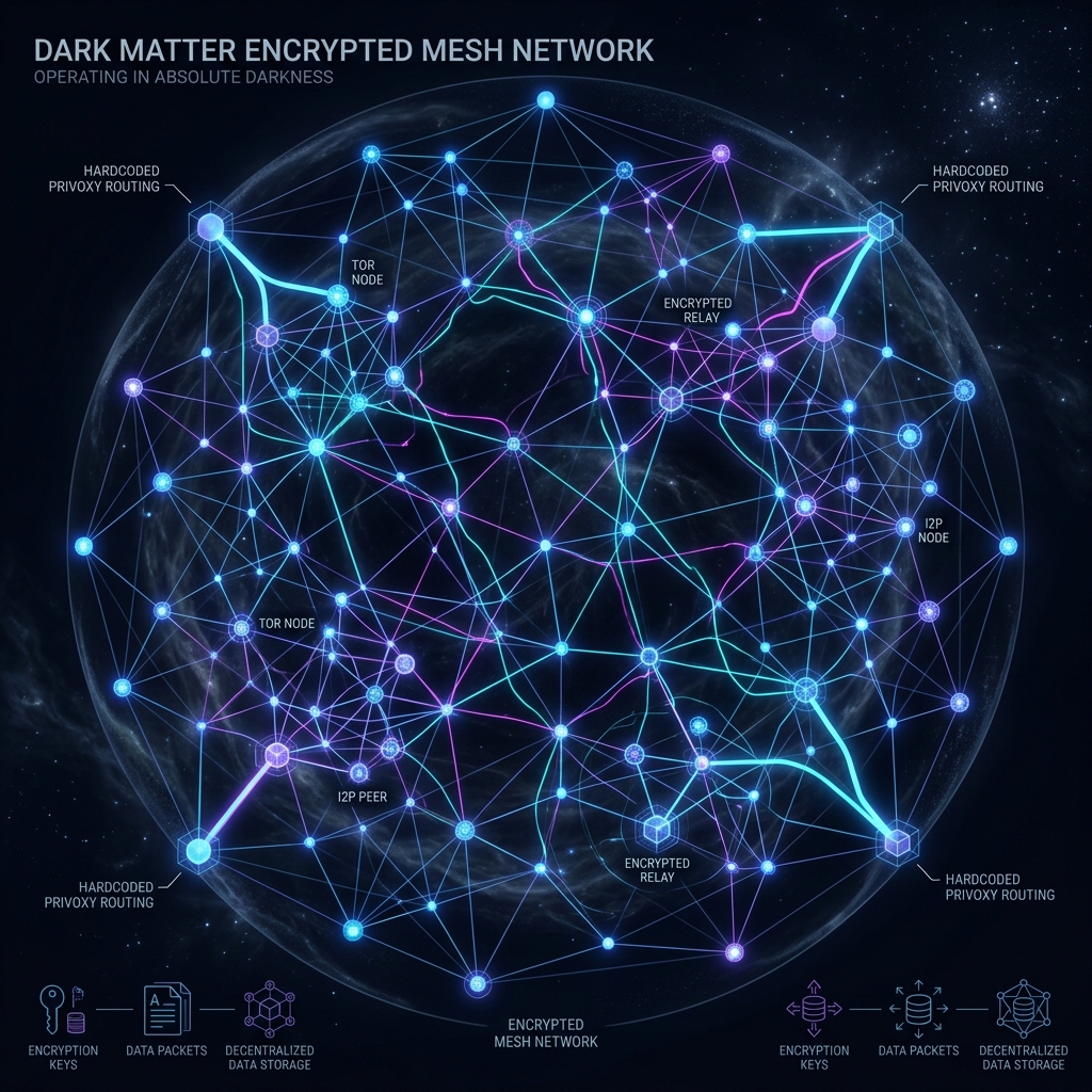 A sprawling, decentralized Dark Matter Mesh Network overlaying the globe, untraceable by conventional ISPs.