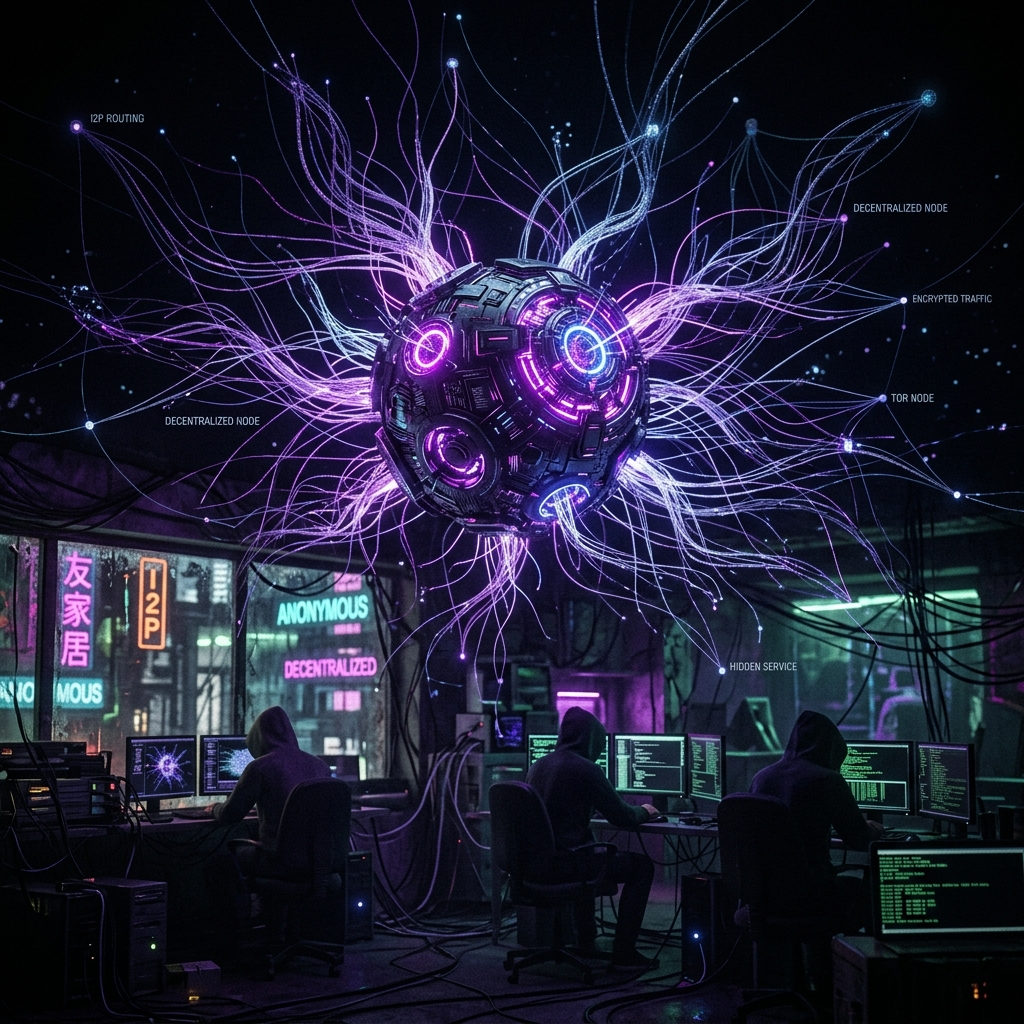 A lone, glowing cybernetic genesis node floating in the dark void of an invisible internet with tactical I2P routing connections.