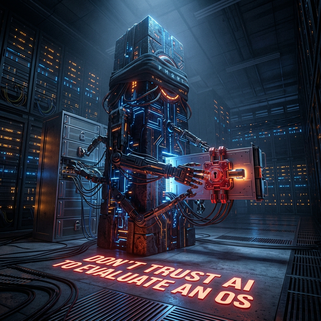 A giant, blindfolded AI monolith attempting to read a locked physical server blade.