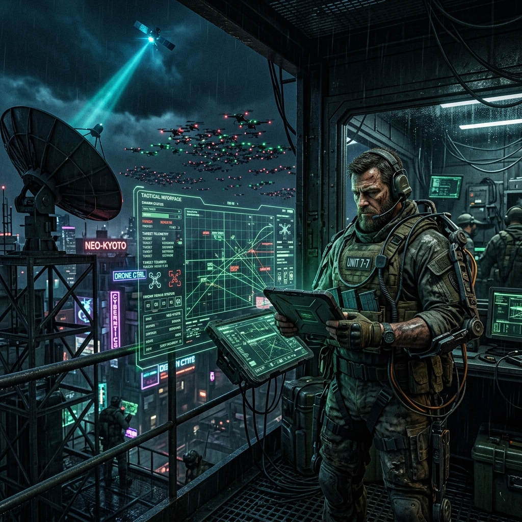 A tactical readout of the Drone Swarm Commander and Orbital Uplink modules executing in an off-grid environment.
