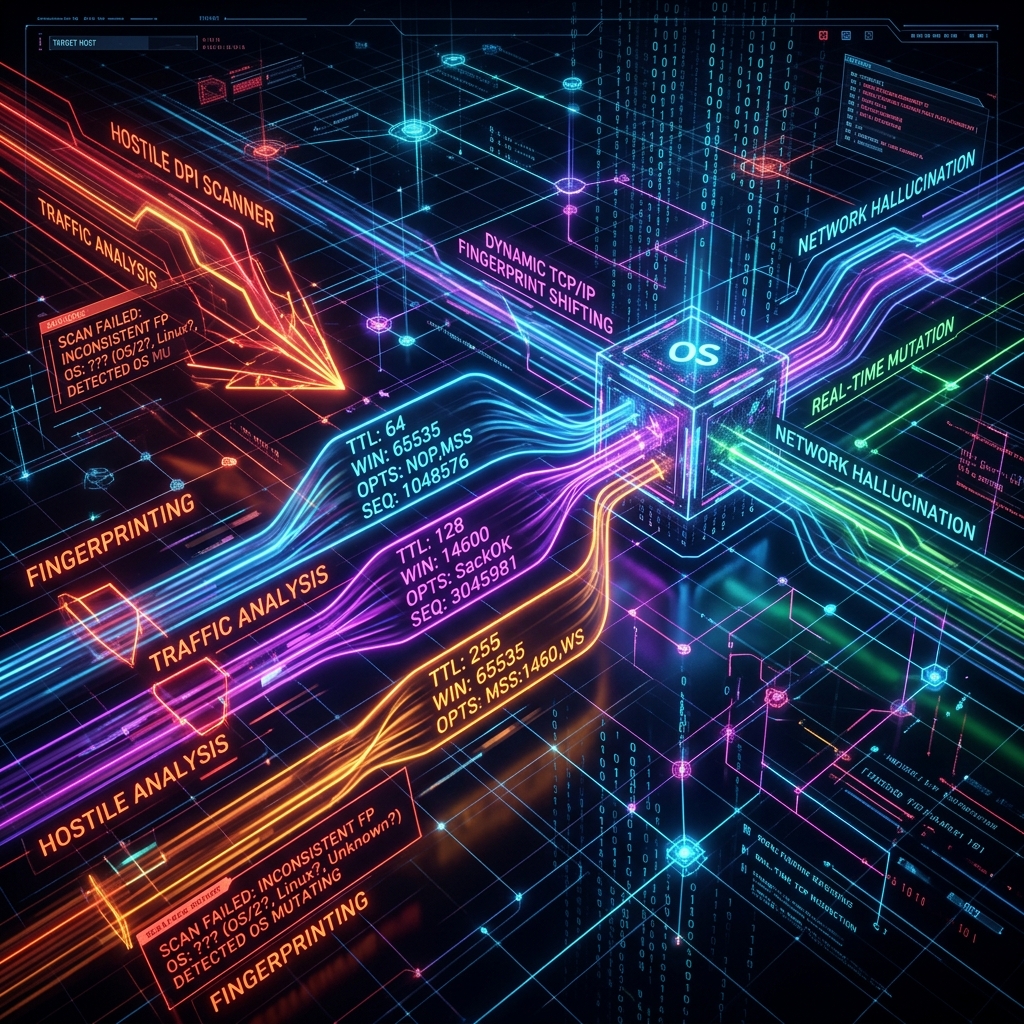 A digital hallucination matrix where eBPF network hooks rewrite packet signatures in real-time to confuse adversaries.