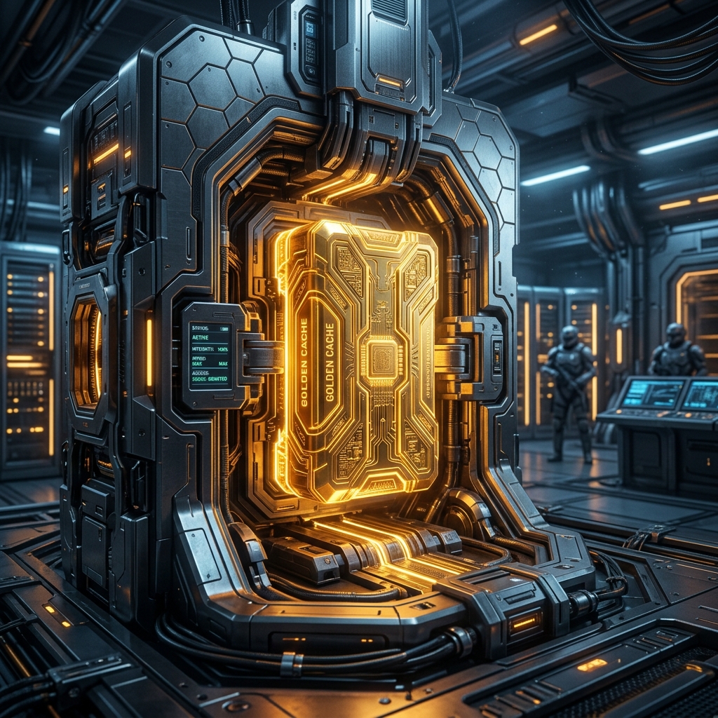 A glowing, indestructible golden solid state drive encased in a futuristic cybernetic vault.