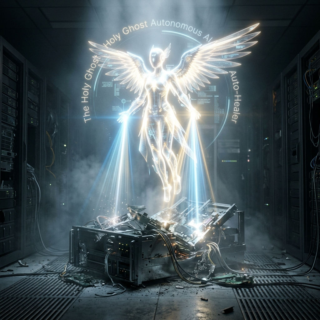 An ethereal, glowing white and gold holographic AI entity hovering above a shattered server rack, actively healing the hardware with beams of pure radiant light.