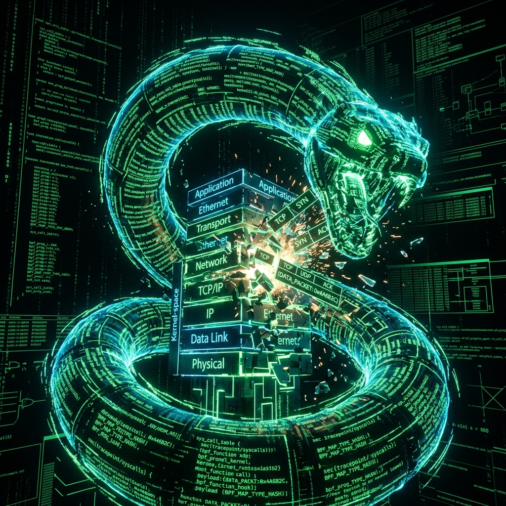 A terrifying, cinematic visualization of a digital Leviathan serpent made of glowing green eBPF code hooks wrapping around a network stack.