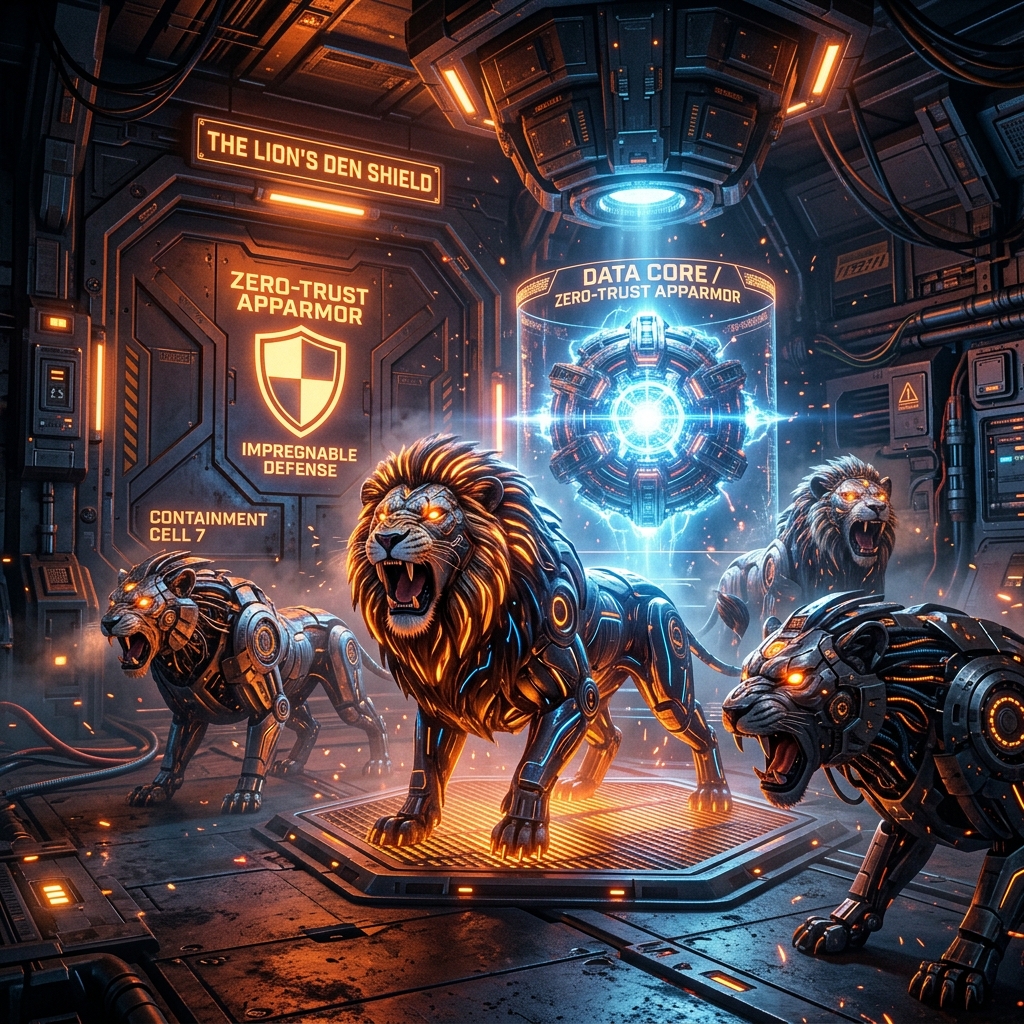 A pride of ferocious, glowing cybernetic lions roaring and guarding a glowing data core inside a high-tech containment cell.
