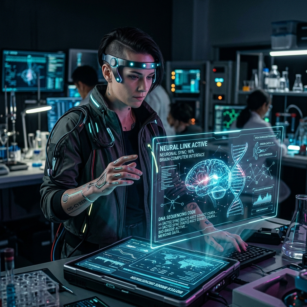 A futuristic neural-link interface establishing a secure, bi-directional biotech bridge directly into the human nervous system.