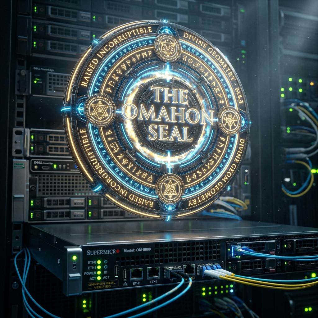 A glowing, ancient-looking cryptographic seal floating above a high-tech server blade. The Omahon Seal.