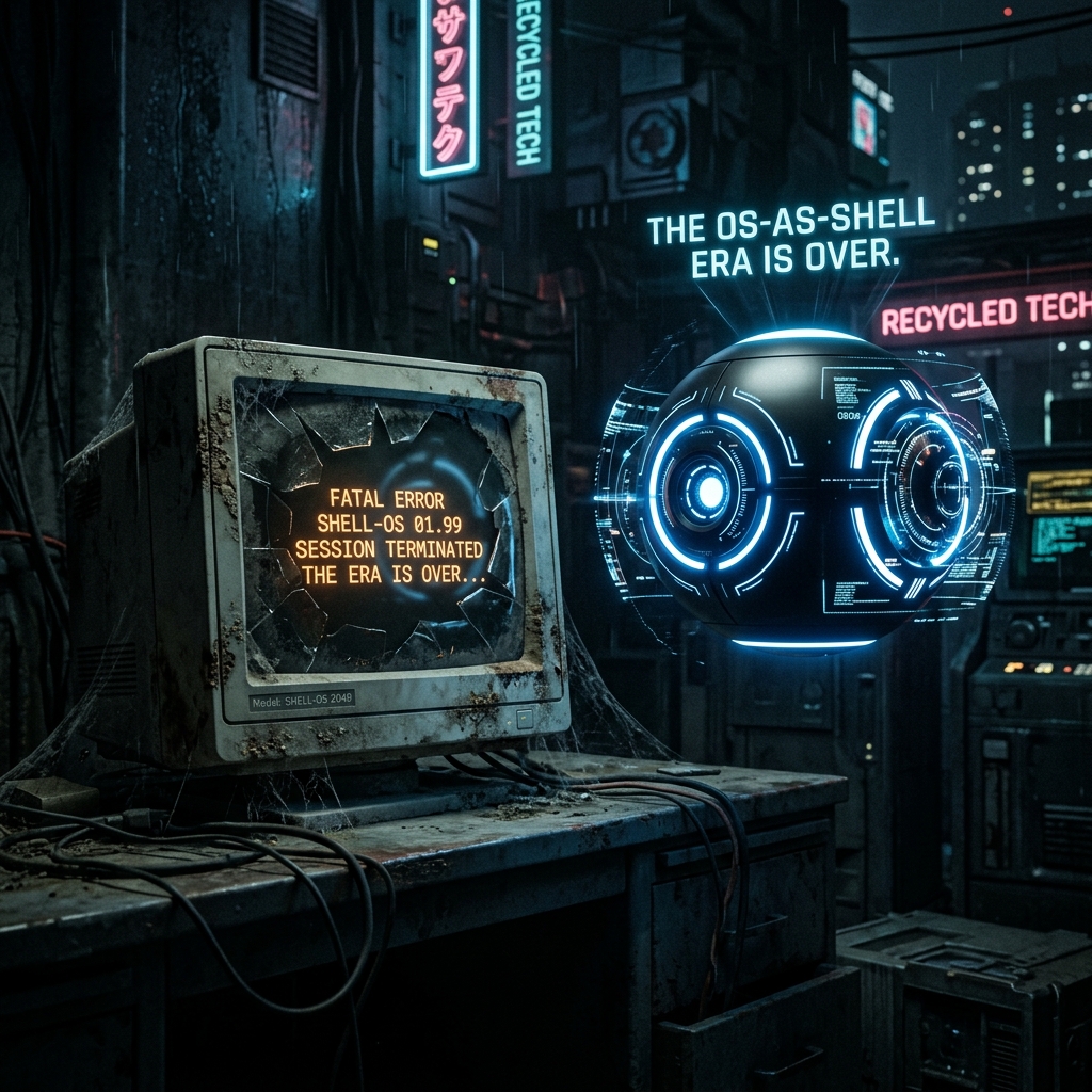 A shattered, dusty old computer terminal glowing in the shadows, contrasting with a sleek, floating AI sphere.