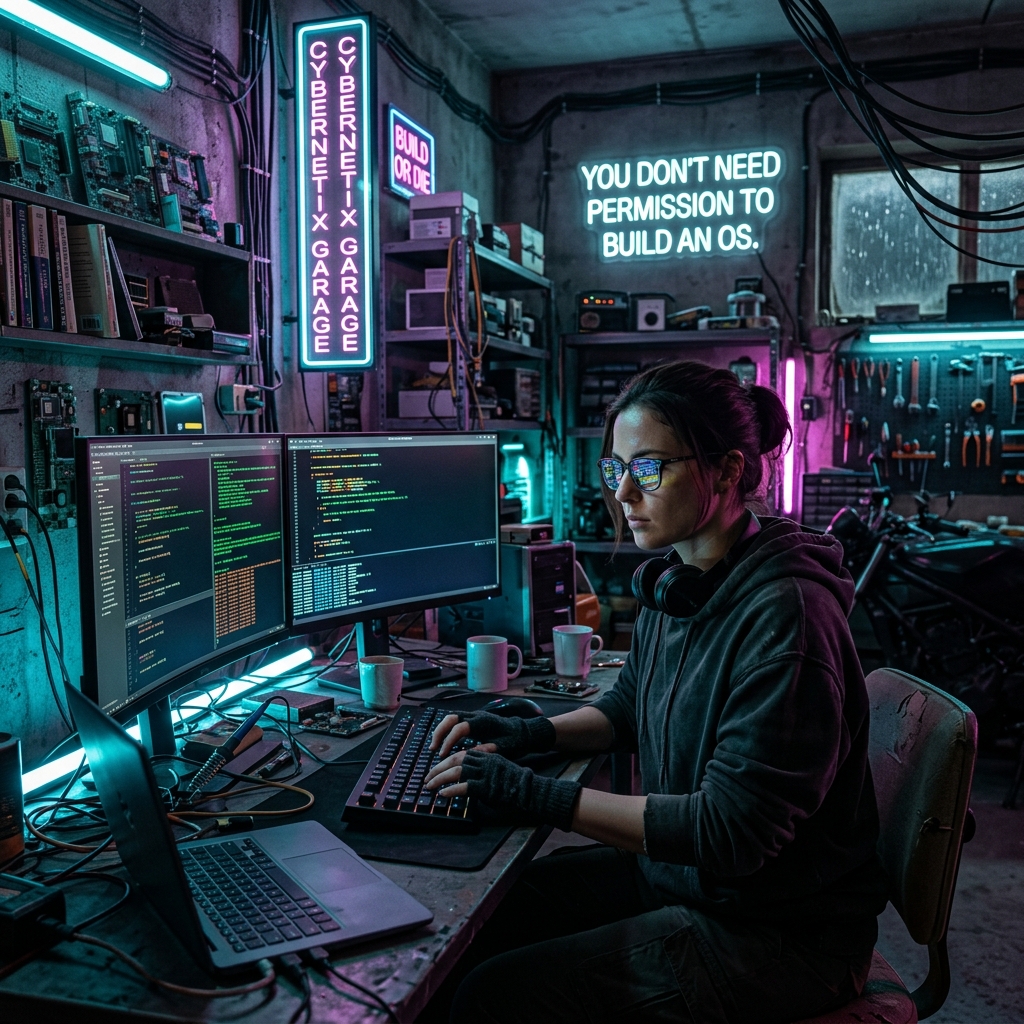A lone developer coding in a dimly lit, cyber-punk garage, glowing code reflecting in their glasses.