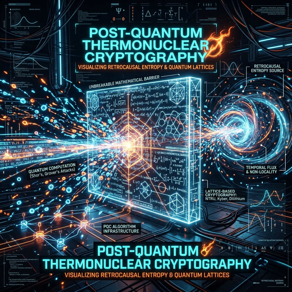 An imposing visualization of Post-Quantum Cryptography securing a fortress with mathematical retrocausal entropy grids.
