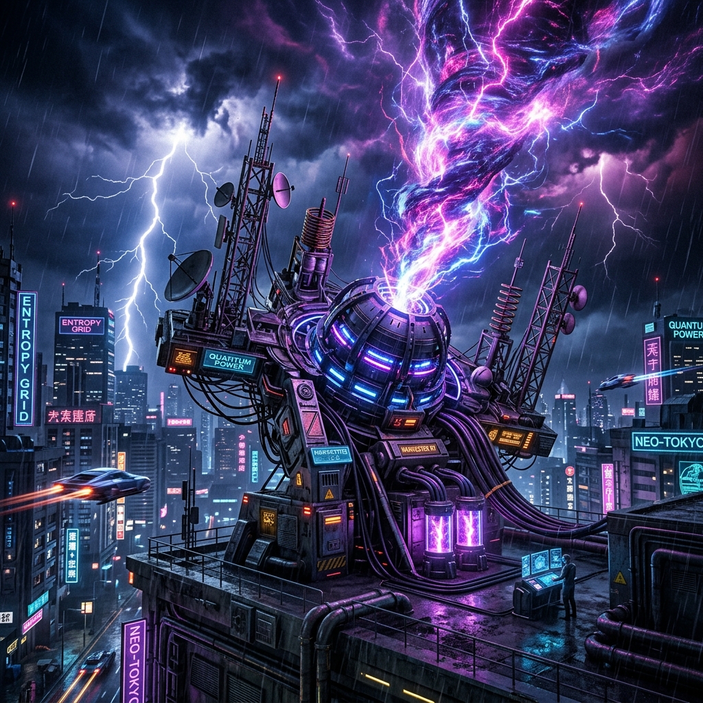 A high-tech radio antenna harvesting chaotic, swirling purple and pink static energy from a stormy night sky.