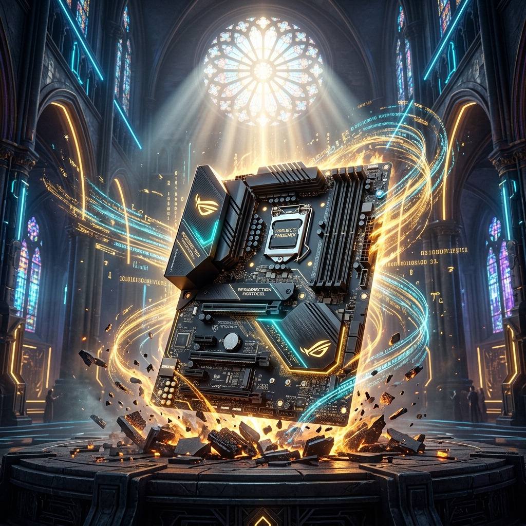 A motherboard rising from digital ashes, reconstructing itself with glowing golden and cyan data streams. A literal Resurrection Protocol.