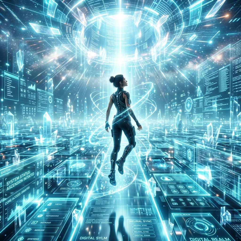 A breathtaking, infinite glowing sea of glass acting as a holographic operating system interface. A lone user ascending into the digital heavens.