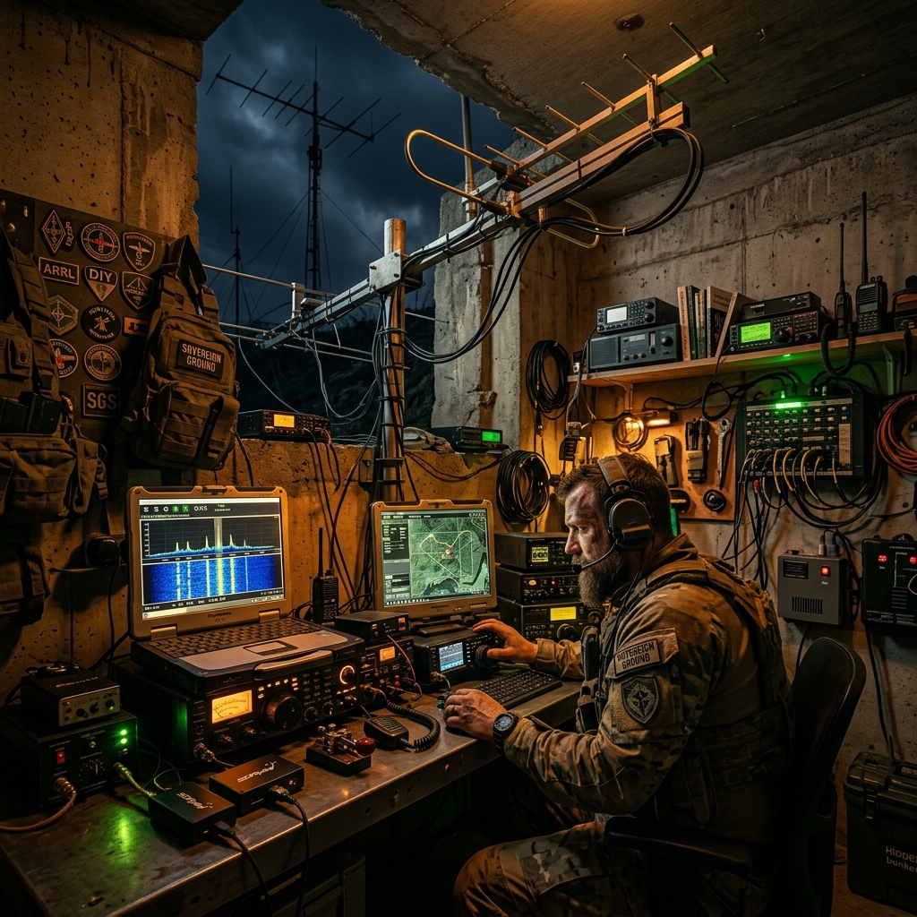 A ruggedized Sovereign Ground Station actively monitoring Ham Radio and Software Defined Radio (SDR) intercepts.