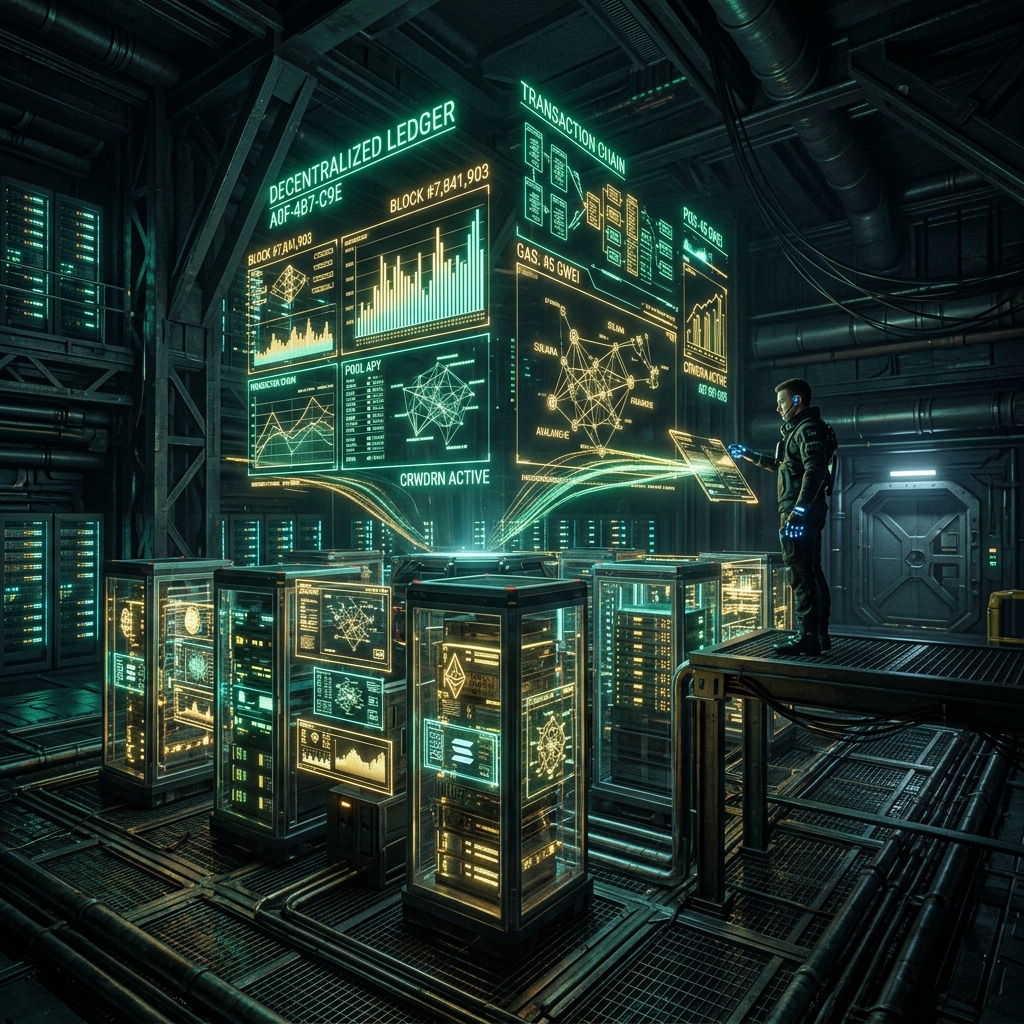 A highly secure, futuristic cyber-vault displaying decentralized finance nodes and cryptographic ledgers in glowing gold and neon green.
