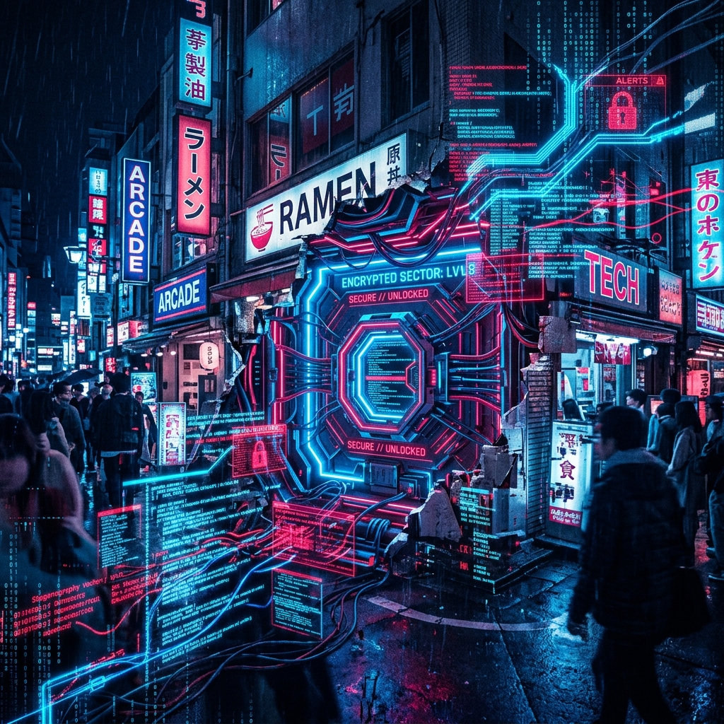 A highly secure cybernetic vault disguised within a seemingly innocent digital photograph, with layers of encrypted data bleeding out of the pixels.