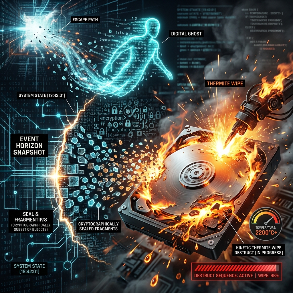 A kinetic thermite wipe destruct sequence annihilating physical storage drives while the data escapes via Event Horizon Snapshot.