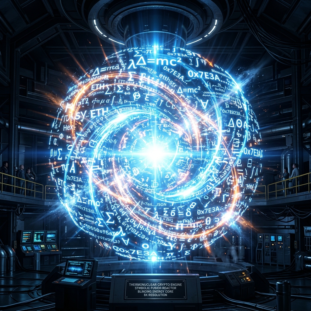 A glowing thermonuclear fusion reactor made entirely of floating cryptographic symbols and math equations.