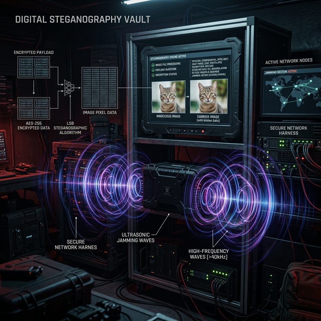 High-frequency sound waves acting as an ultrasonic jammer while secretly encoding steganographic data into audio files.